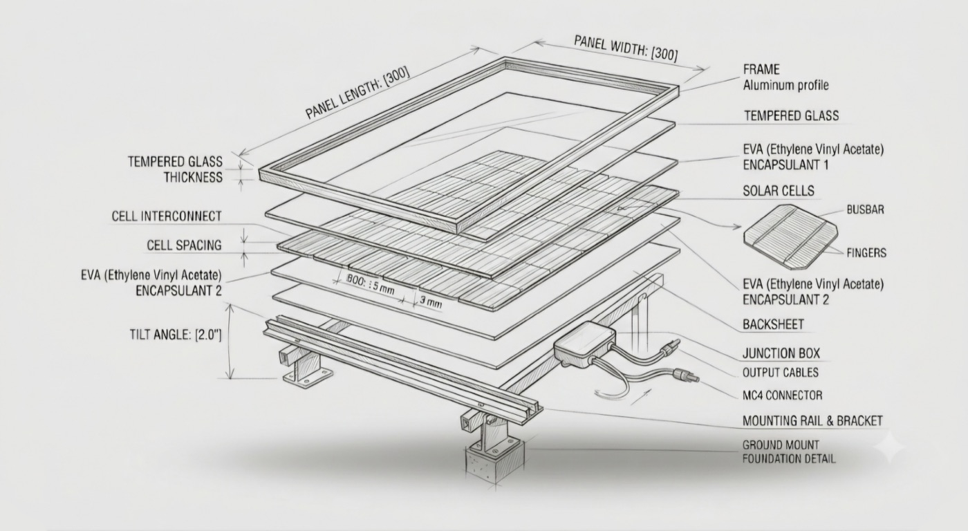 Exploded technical drawing of a solar panel assembly