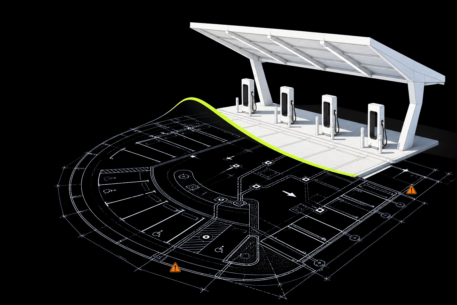 Illustration of a flat parking site plan folding upward into an EV charging canopy